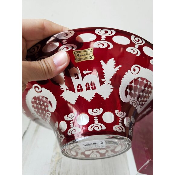 Egermann flair bowl Ruby red cut Bohemian glass deer scene building new - Picture 4 of 9